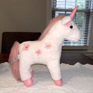 FAO Schwarz Unicorn Horse Plush White w‎ Pink Flowers & Horn 12.5” 2022